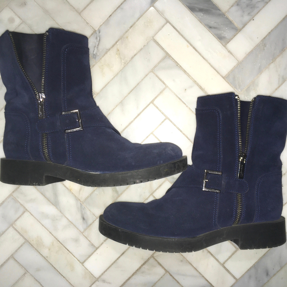 JIL SANDER NAVY BLUE SUEDE MOTORCYCLE BOOTIES